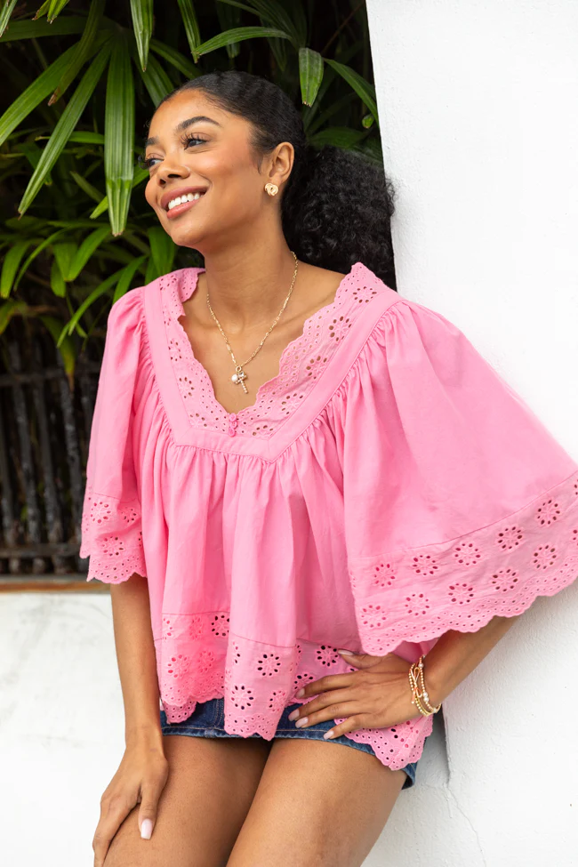 No Regrets Pink Eyelet Detail Popover Short Sleeve Blouse - Terpint