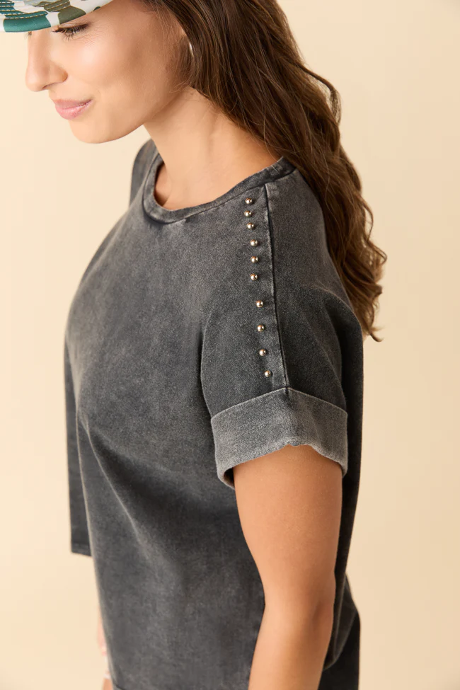 Kamryn Studded Short Sleeve Black Acid Wash Tee - Terpint