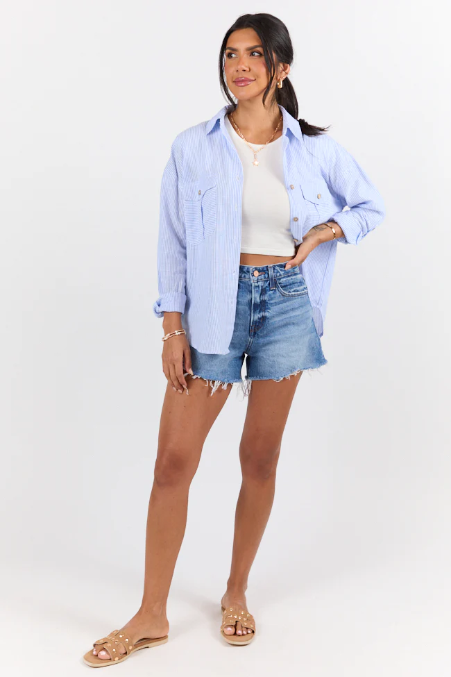 Coastline Walk Blue Striped Linen Blend Button Down Top FINAL SALE - Terpint