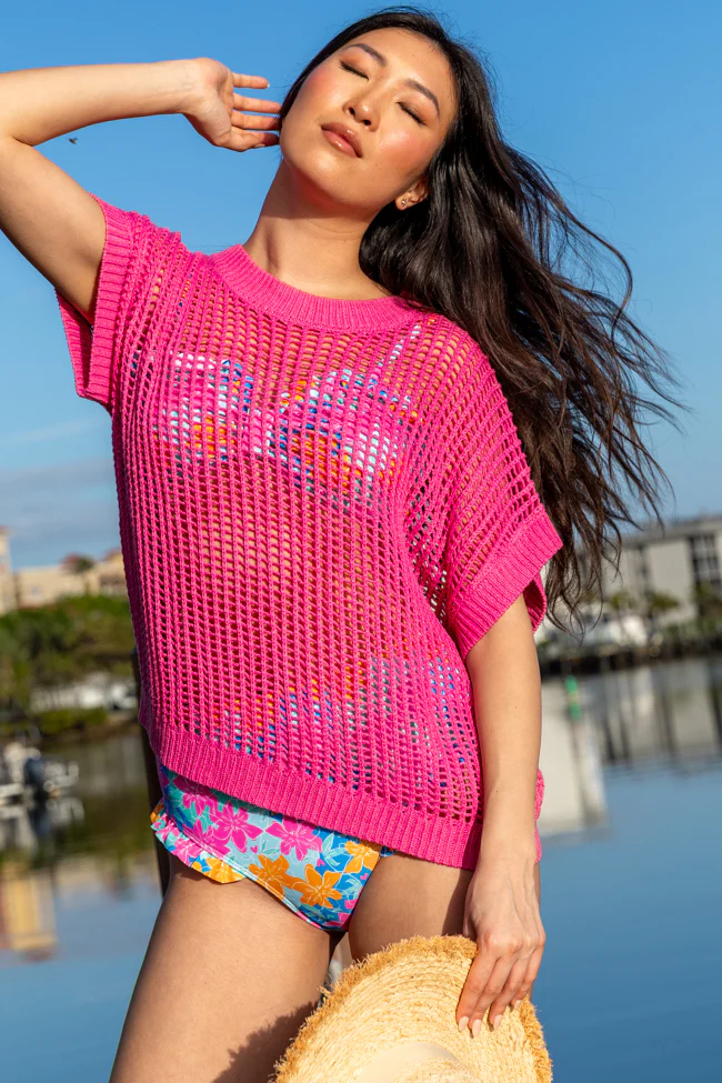 Wave Of Relief Pink Short Sleeve Open Knit Cover Up Sweater FINAL SALE - Terpint