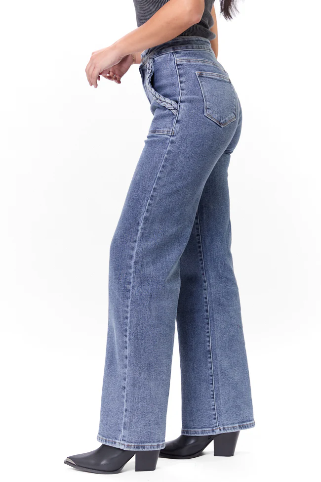Carolyn Medium Wash Braided Pocket Wide Leg Jeans FINAL SALE - Terpint