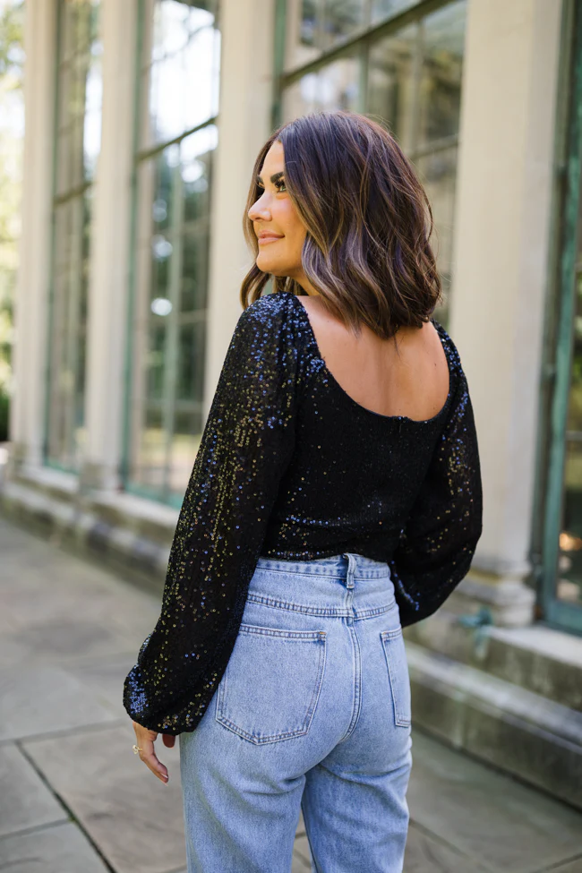 Holiday Toast Black Puff Sleeve Sequin Bodysuit FINAL SALE - Terpint