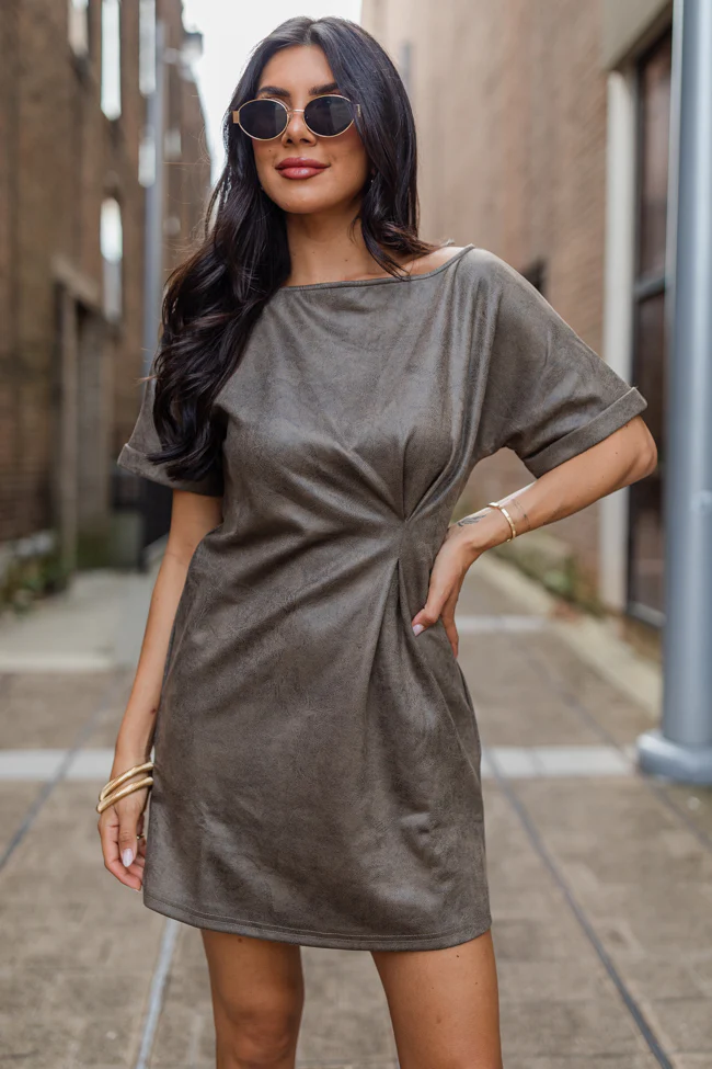 You Deserve It Mushroom Faux Leather Cinched Mini Dress FINAL SALE - Terpint