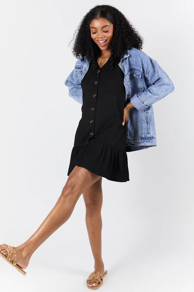 Sunset Romance Black Knit Button Front Mini Dress SALE - Terpint
