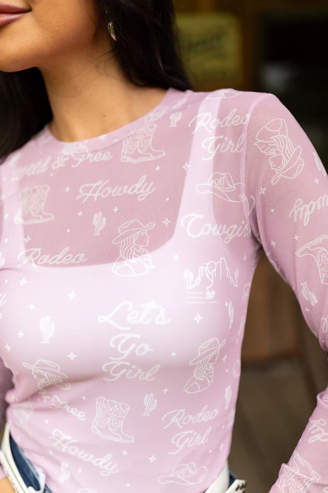 Darlene Long Sleeve Pink Cowgirl Mesh Crewneck Top - Terpint