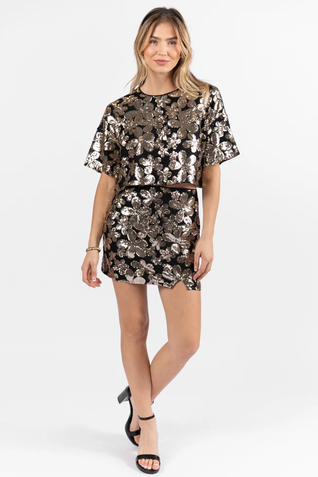 A Heart Of Gold Black Floral Print Sequin Mini Skirt FINAL SALE - Terpint