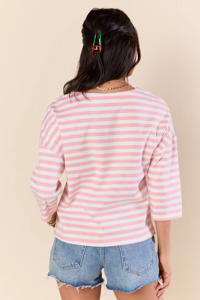 Bold Lines Pink Striped 3/4 Sleeve Knit Top DOORBUSTER - Terpint