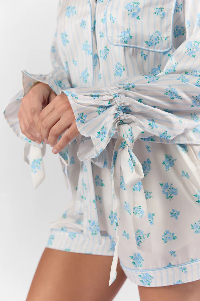 Sleep On My Side Blue Floral Satin Long Sleeve Pajama Top FINAL SALE - Terpint
