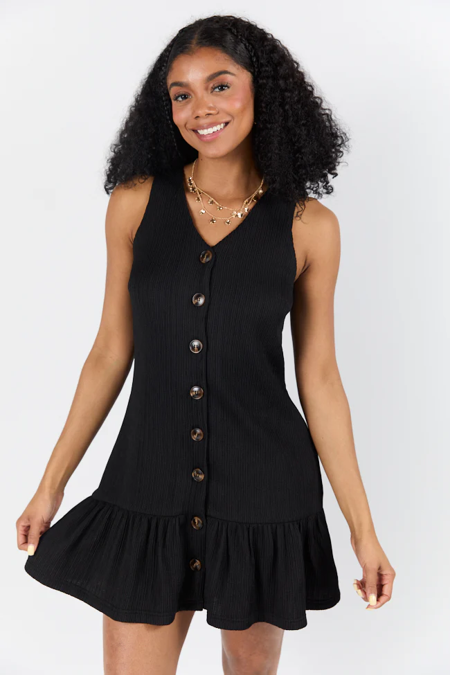 Sunset Romance Black Knit Button Front Mini Dress SALE - Terpint