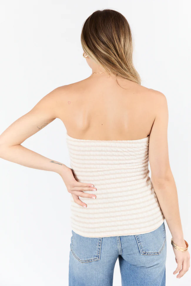 About Yesterday Taupe Textured Knit Stripe Strapless Top - Terpint