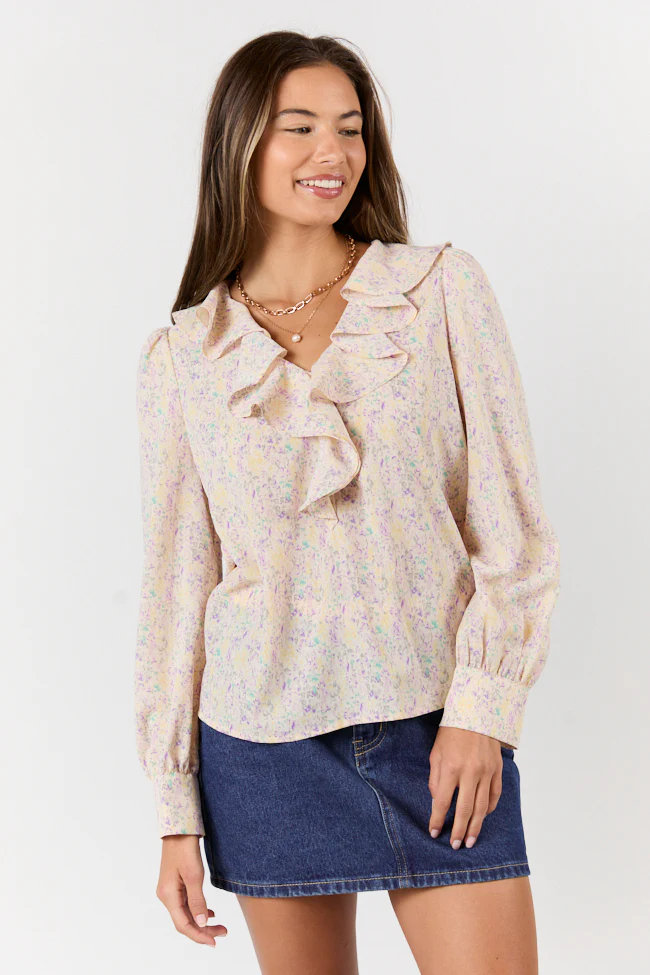 Floral Mirage Ruffle Trim Pastel Blouse FINAL SALE - Terpint