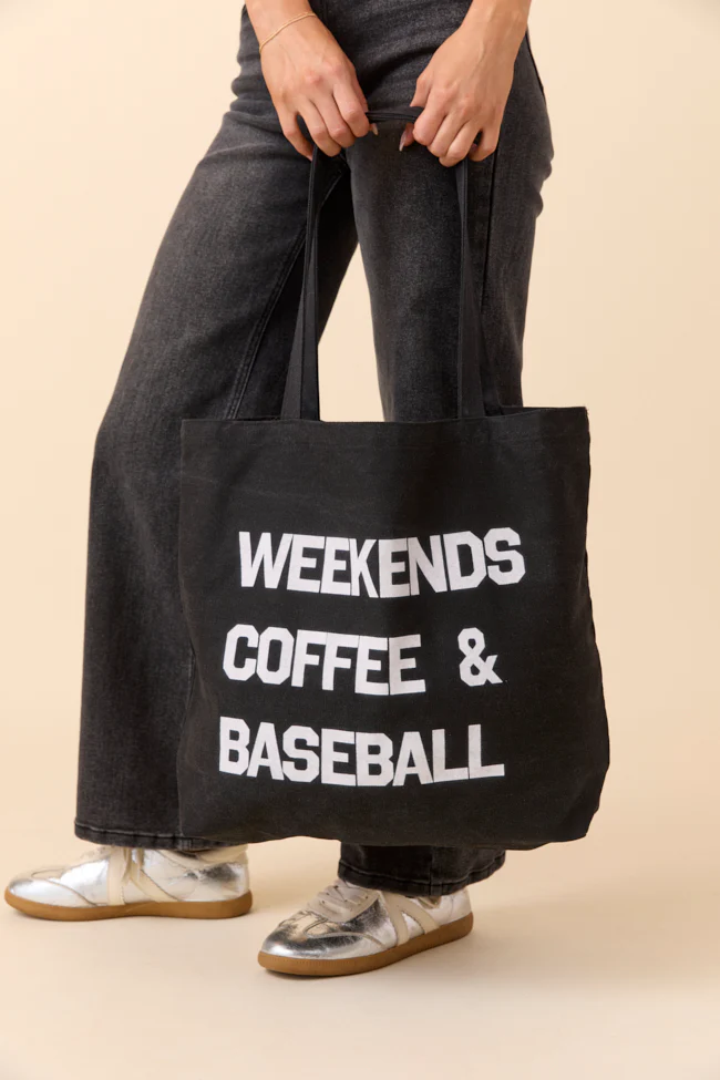 Weekends Coffee and Baseball Washed Black Graphic Tote Bag - Terpint