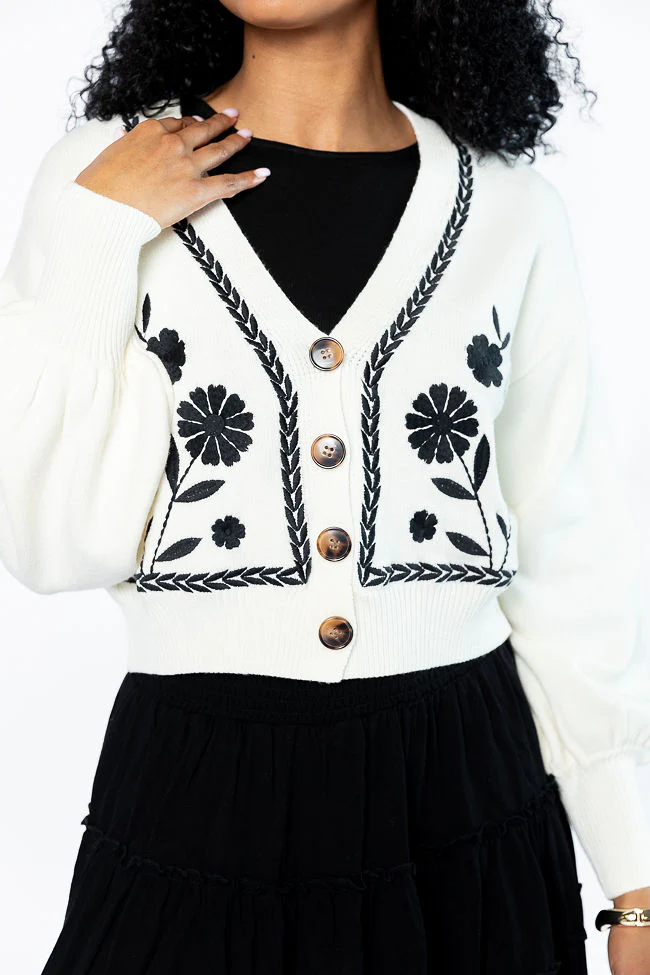 Bloom With Grace Ivory and Black Floral Embroidered Cardigan FINAL SALE - Terpint
