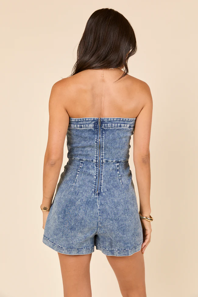 So You Say Strapless Denim Wrap Style Romper SALE - Terpint