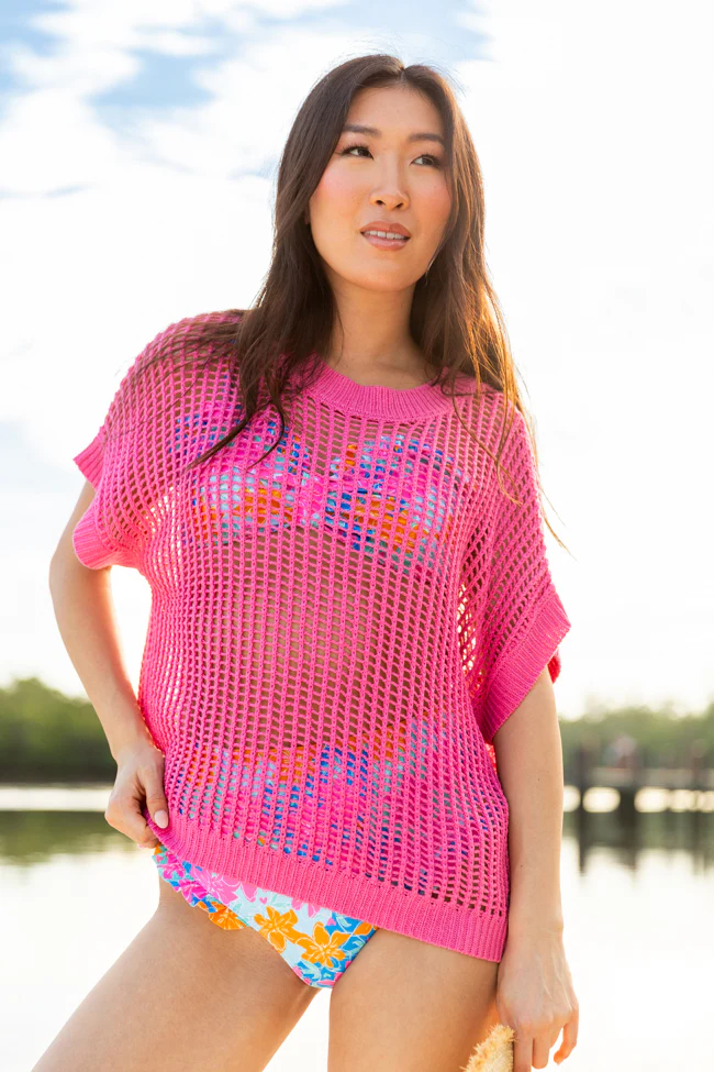 Wave Of Relief Pink Short Sleeve Open Knit Cover Up Sweater FINAL SALE - Terpint