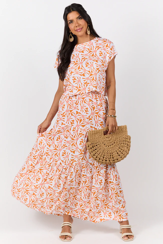Dinner Downtown Orange Multi Floral Print Two Piece Skirt Set - Terpint