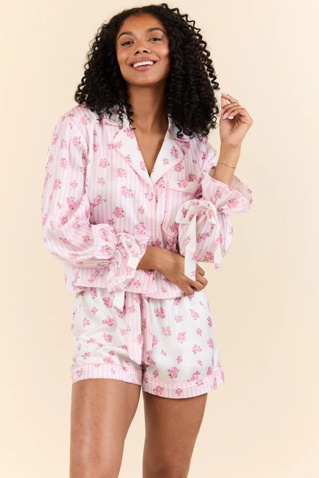 Sleep On My Side Pink Floral Satin Long Sleeve Pajama Top FINAL SALE - Terpint