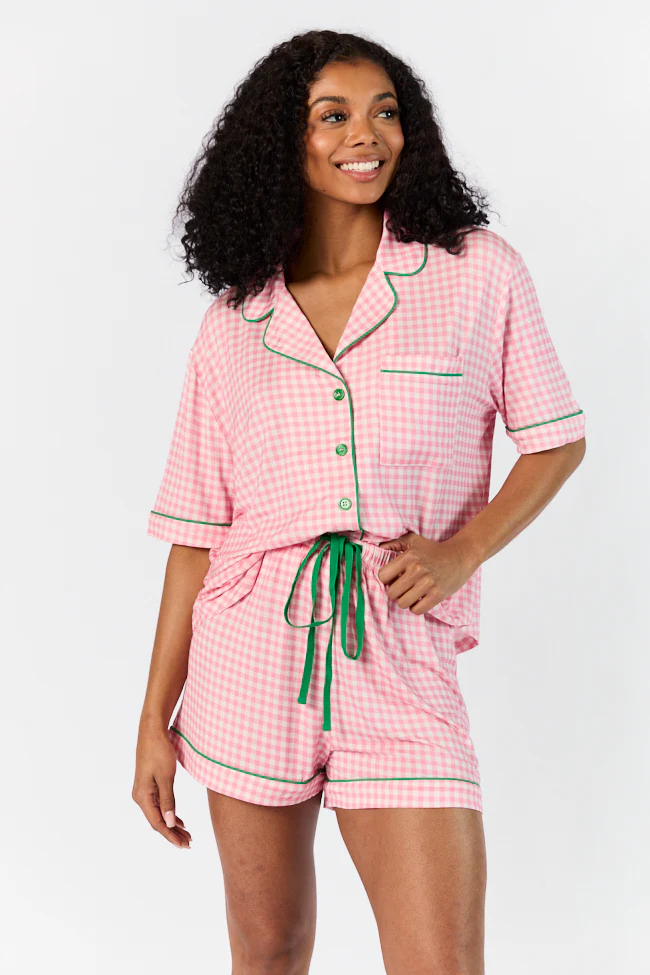 Good To Get Away Pink Gingham Short Sleeve Pajama Top DOORBUSTER - Terpint