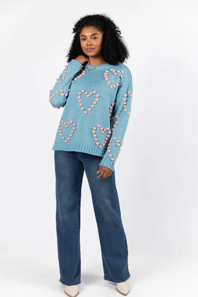 Adore You Blue and Pink Oversized Heart Pom Sweater FINAL SALE - Terpint