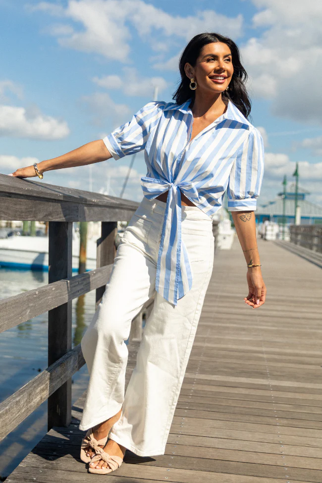 Key To Style Blue Striped Tie Front Collared Blouse - Terpint