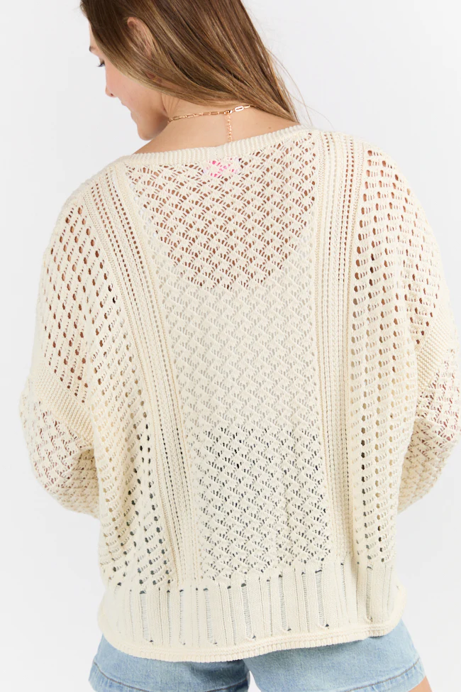 Morning Markets Cream Open Knit V-Neck Sweater FINAL SALE - Terpint