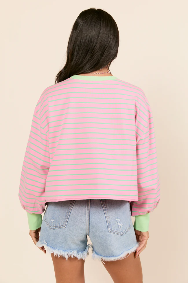 Susanna Long Sleeve Pink and Green Stripe Knit Tee - Terpint