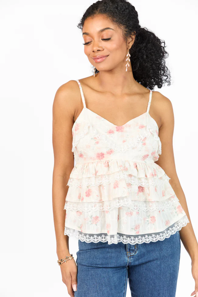 Come Out In The Wash Cream Multi Lace Tiered Floral Tank SALE - Terpint