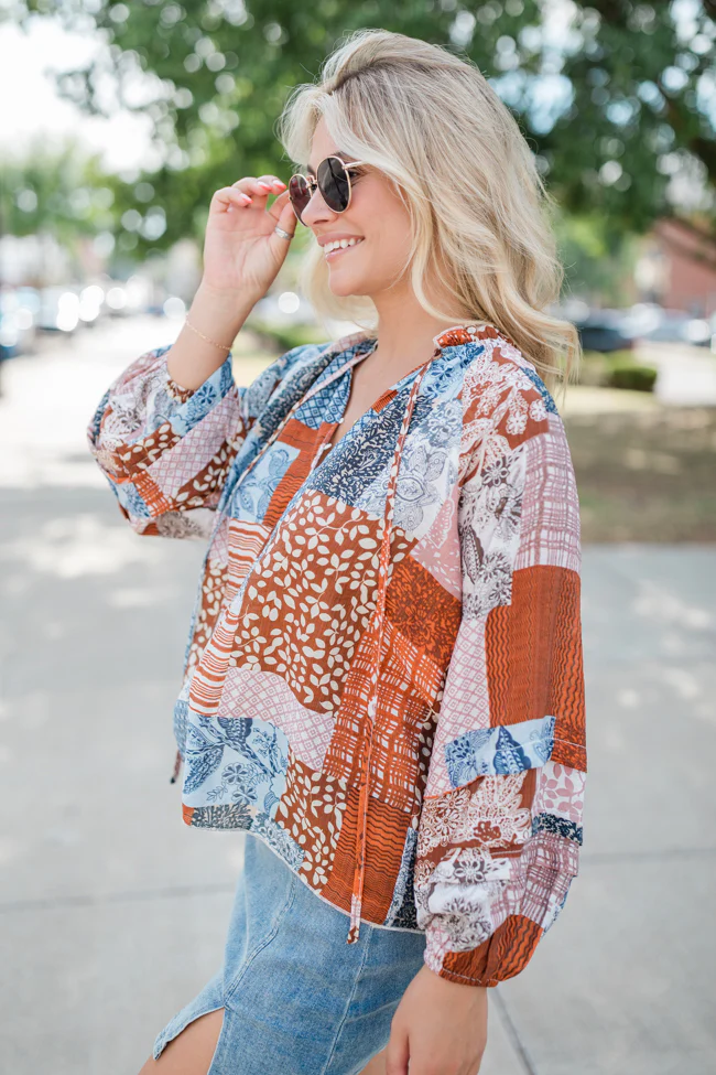 Outlook On Life Brown Multi Patchwork Printed Blouse FINAL SALE - Terpint