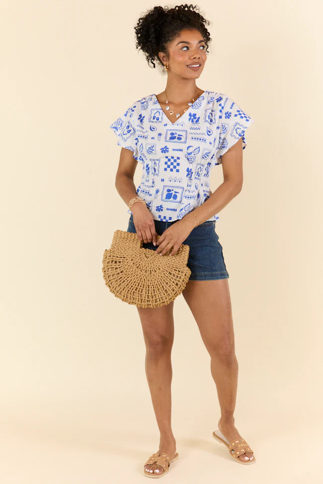 Missed You Blue Icon Printed Cinched Waist Woven Blouse FINAL SALE - Terpint