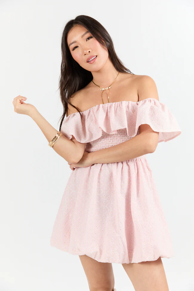 Best Reflection Blush Off The Shoulder Eyelet Gingham Dress FINAL SALE - Terpint
