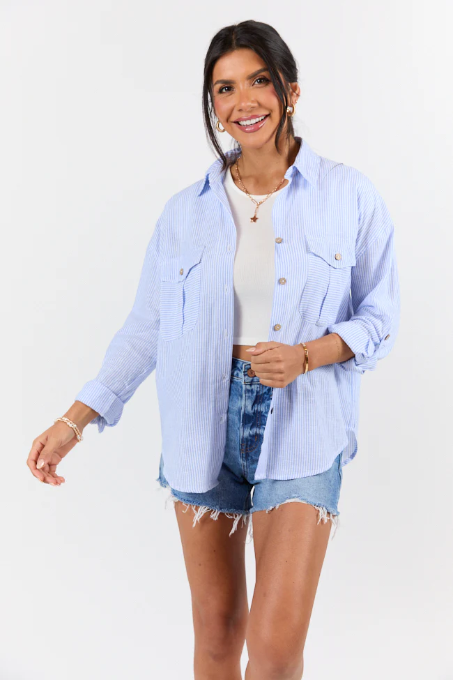 Coastline Walk Blue Striped Linen Blend Button Down Top FINAL SALE - Terpint