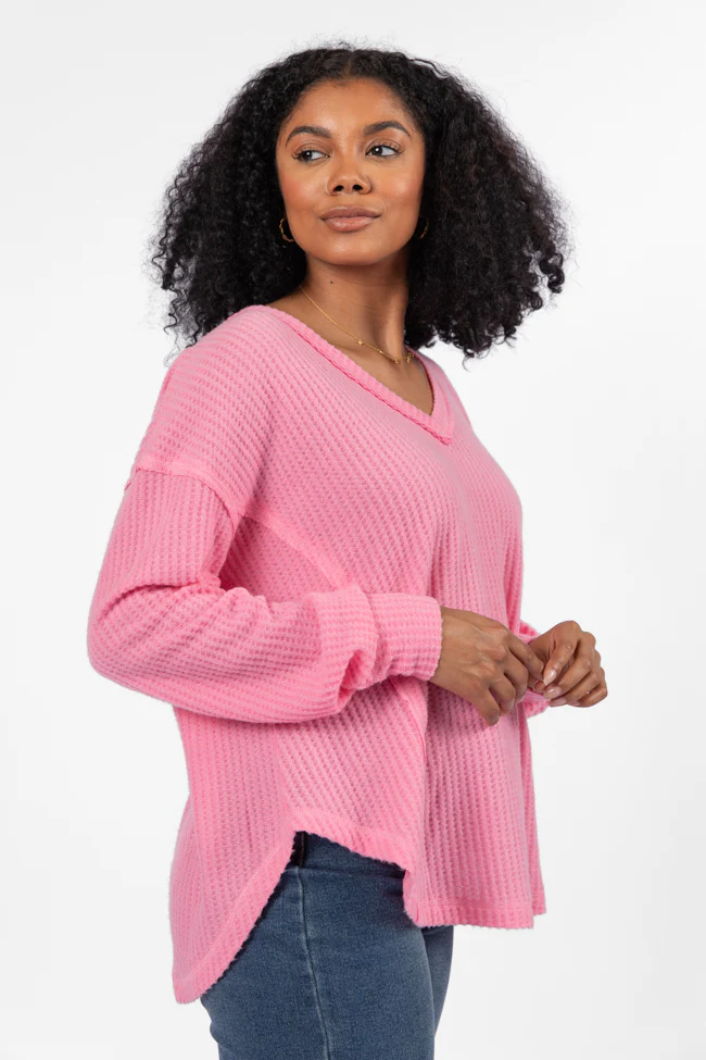 Idle Hands Pink Waffle Knit V-Neck Oversized Knit Top FINAL SALE - Terpint