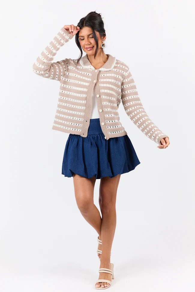 Warm Feelings Taupe Open Knit Striped Collared Cardigan DOORBUSTER - Terpint