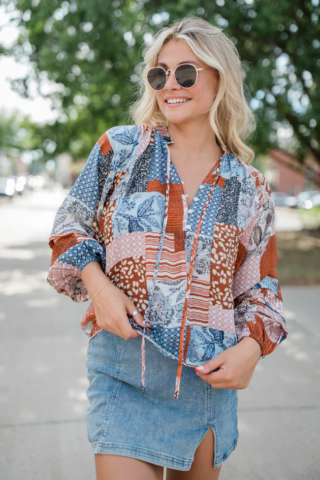Outlook On Life Brown Multi Patchwork Printed Blouse FINAL SALE - Terpint