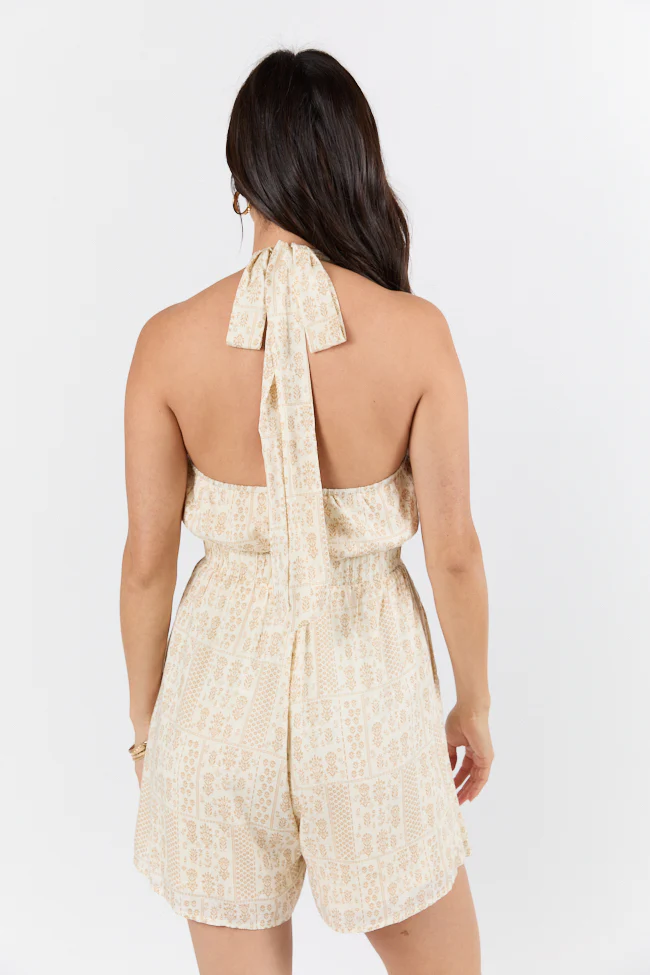 On The Horizon Taupe Halter Neck Printed Romper DOORBUSTER - Terpint