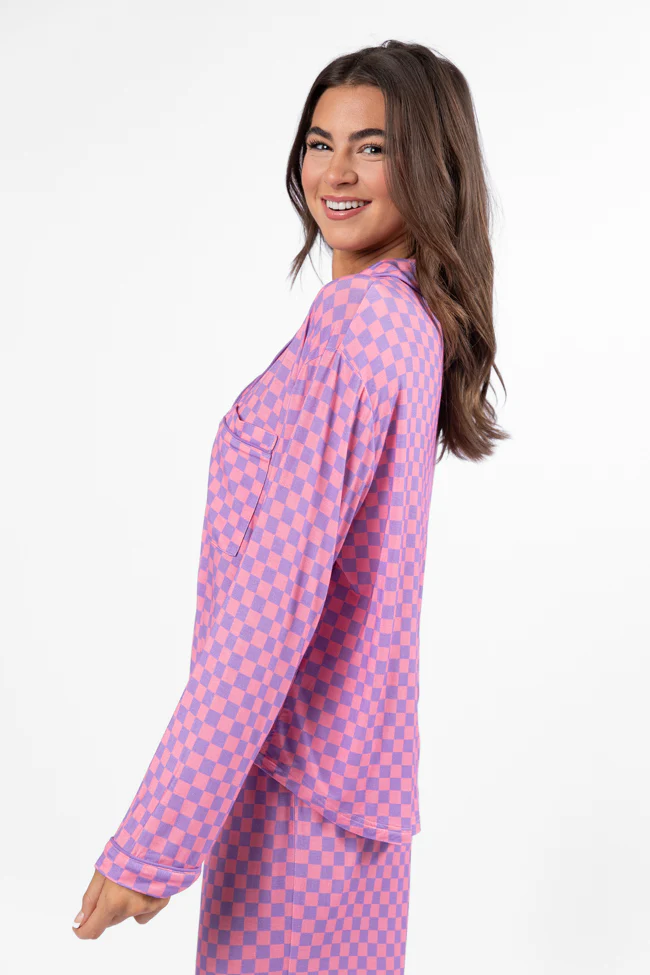 Good To Get Away Light Pink and Lilac Checkered Long Sleeve Pajama Top FINAL SALE - Terpint