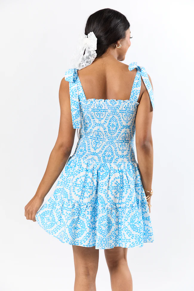 Enough For Me Blue and White Smocked Bodice Printed Mini Dress FINAL SALE - Terpint