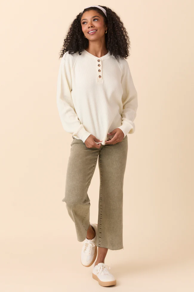 Abbie Long Sleeve Mineral Wash Cream Thermal Henley - Terpint