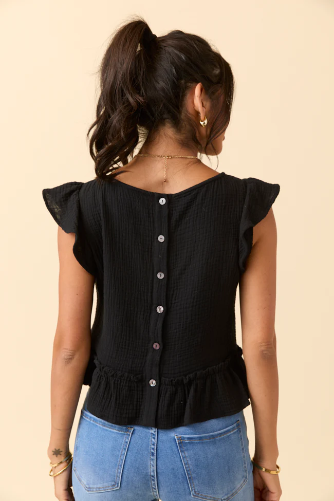 Ruby Black Gauze Flutter Button Back Woven Blouse - Terpint