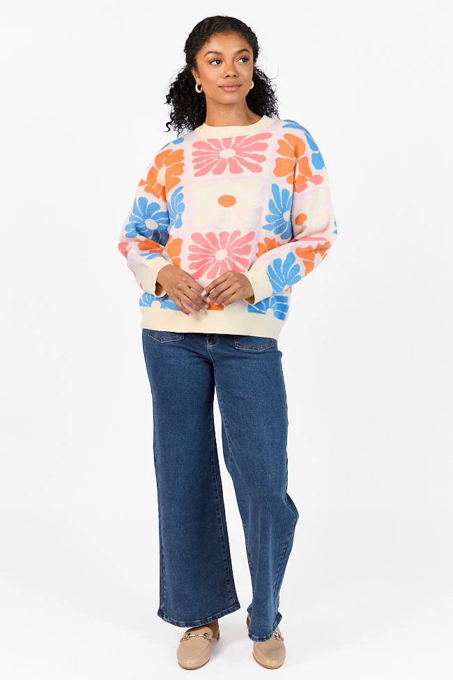 Gracious Gardens Blue Multi Block Floral Sweater FINAL SALE - Terpint
