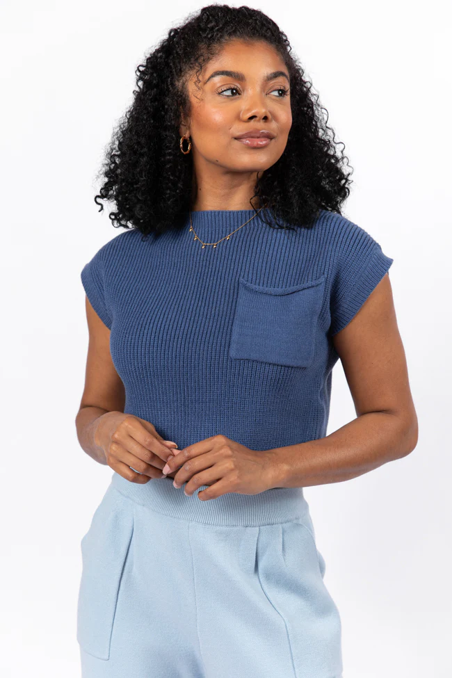 The One I Want Navy Short Sleeve Pocketed Sweater FINAL SALE - Terpint