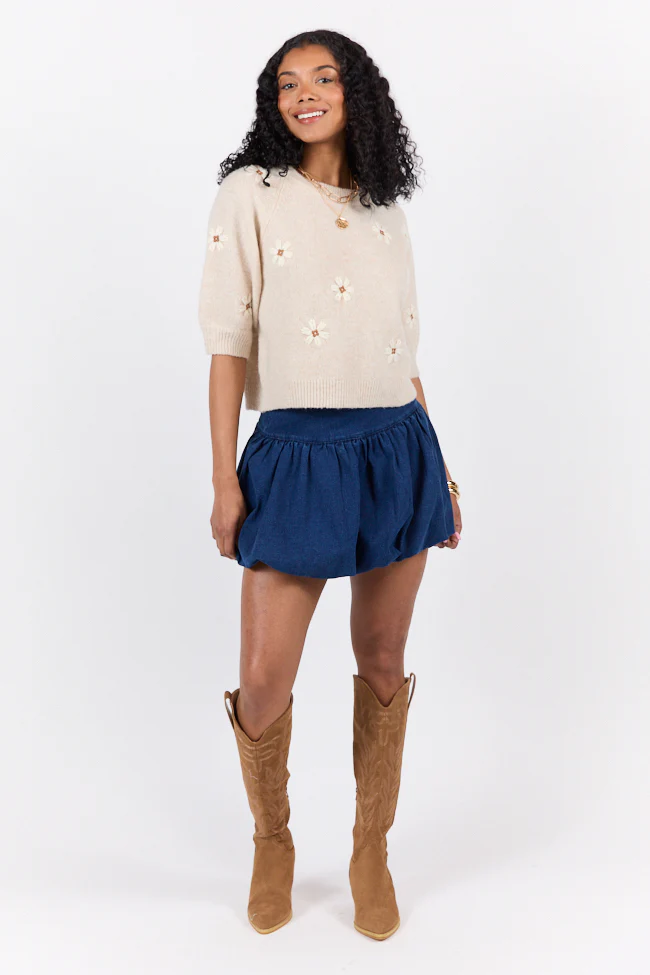 So Into You Oatmeal Short Sleeve Floral Embroidered Sweater - Terpint
