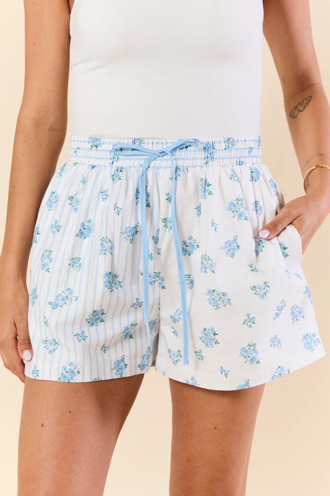 Blooming Lines Stripes & Floral Mixed Cotton Poplin Shorts - Terpint