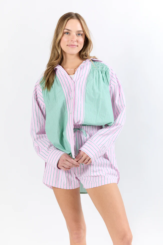 Palm Grove Light Pink and Green Multi Stripe Button Down Shirt DOORBUSTER - Terpint
