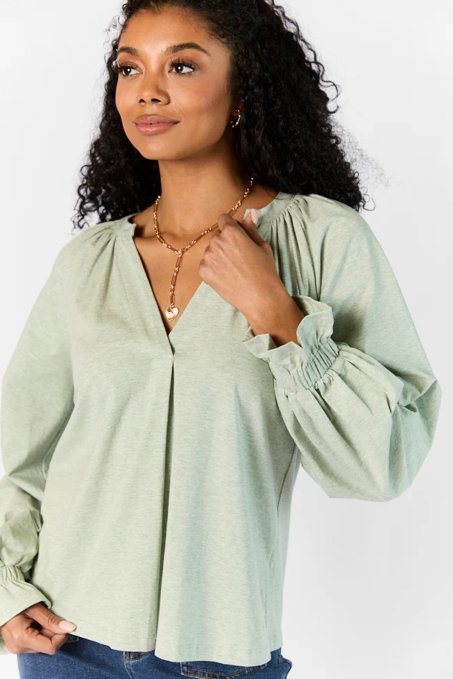 Simply You Sage Knit Notched Neck Long Sleeve Blouse FINAL SALE - Terpint