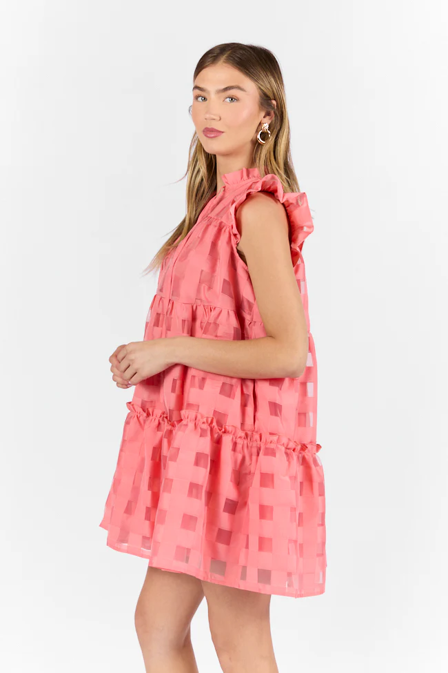 On The Line Coral Ruffle Shoulder Textured Mini Dress FINAL SALE - Terpint