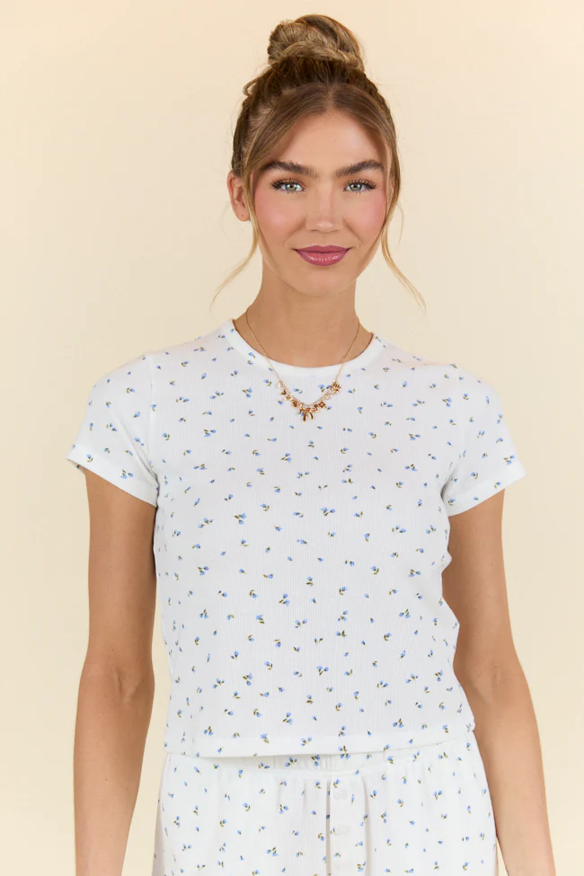 What A Dream Blue Ditsy Floral Short Sleeve Pajama Top DOORBUSTER - Terpint