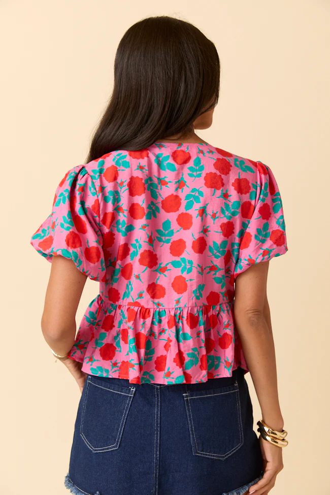Mila Pink And Red Floral Tie Front Flounce Woven Blouse - Terpint