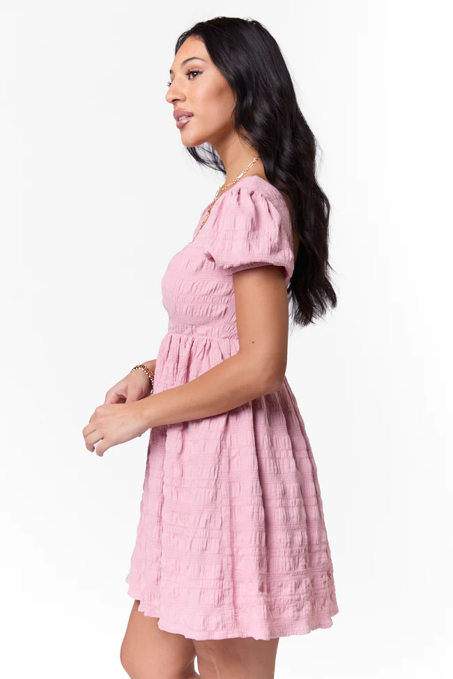 Breezing By Pink Textured Square Neck Mini Dress SALE - Terpint