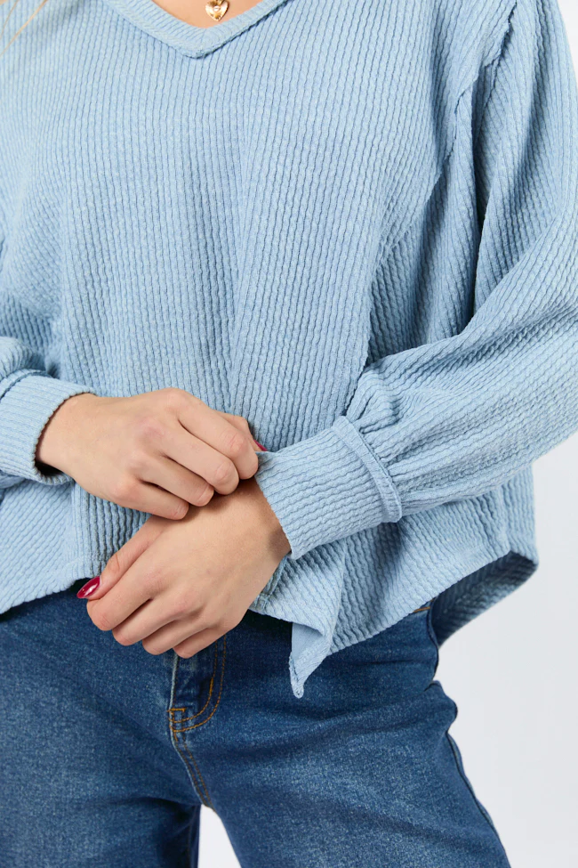 Never Say Never Dusty Blue Ribbed Knit V-Neck Long Sleeve Top FINAL SALE - Terpint